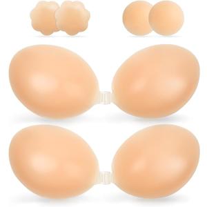 2 Pairs Strapless Sticky Adhesive Bra Invisible Push up Reusable Silicone Off Backless Viscous for Women Dress Nude+nude, F