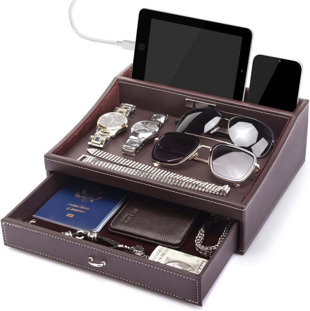 Baoyun Fathers Day Nightstand Organizer for Men, Mens Jewelry Box, Mens Dresser Organizer Countertop, Large Capacity Leather Valet Tray for Phones Pad Wallet Key Birthday Gifts for Men