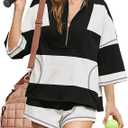 ReachMe Women's Workout Striped Short Sets 2 Piece Outfits Summer Matching Lounge Sets Top and Shorts with Pockets (Small, Black)