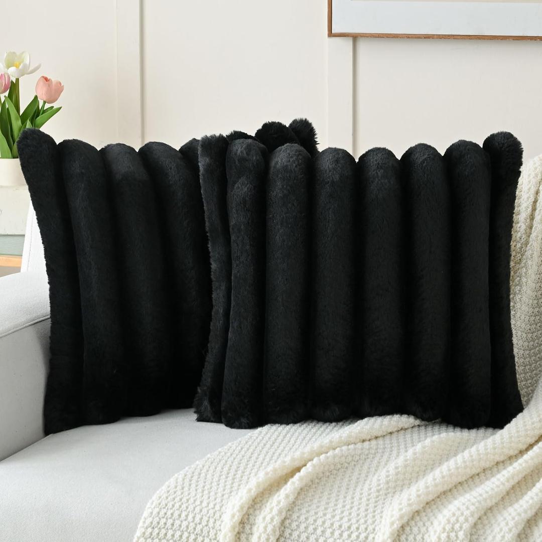 FUTEI Black Decorative Throw Pillow Covers 20x20 Inch Set of 2, Square Soft Faux Rabbit Fur Thick Striped Cushion Cover,Spring Home Decor for Couch Bed Living Room