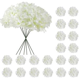 20 Pcs White Hydrangea Artificial Flowers Bulk, Faux Hydrangea Flowers Heads, Artificial Fake Silk Hydrangea Flowers with Stems, White Flowers Artificial for Decoration Wedding Dcor