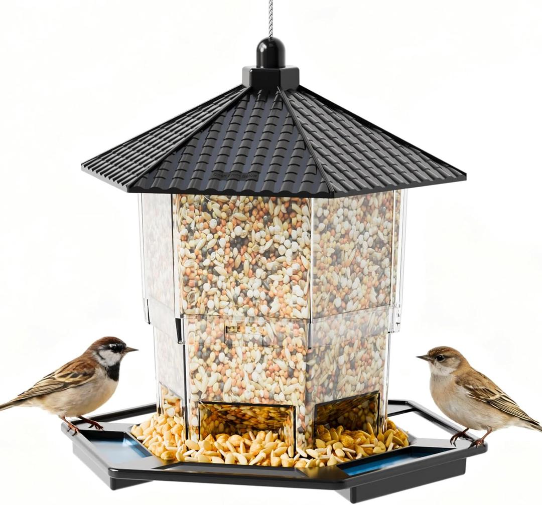 Yieach Hanging Bird Feeder for Outdoors,Large Hopper Squirrel Proof Birdfeeder for Cedar,Red,Cardinal,Blue Jay and Wild Birds,Easy to Feel Birdhouse & Bird Seed Feeder & Gazebo for Outside,Tree,Black