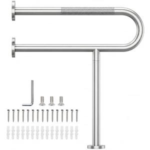 Toilet Grab Bar with Leg, Floor Mounted Knurled Safety Rail, Heavy Duty Brushed Nickel Stainless Steel Support Handle, Bathroom Stand Assist, Non-Slip Mobility Aid for Elderly, Disabled, 31 Inch