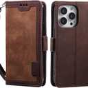 Wallet Case for iPhone 14/14 Pro/14 Plus/14 Pro Max, PU Leather Magnetic Flip Case with Card Slot Kickstand and Wrist Strap Shockproof TPU Inner Shell, Brown, 14pro 6.1"