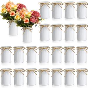 Rustic Vase for Table Centerpieces 4.33 Inch Small Petite Flower Vase with Twine Bow Vintage Farmhouse Decor for Wedding Reception Dining, Home Galvanized Metal Buckets(White,24 Pcs)