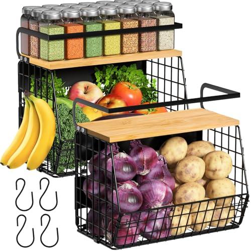 2 Set Magnetic Shelf for Refrigerator with Wood Lid, Fruit Potato & Onion Storage Bins, Pantry Organizers & Storage, Large Container Magnetic Spice Rack for Refrigerator, Kitchen Counter, Cabinet