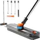 3 in 1 Floor Scrub Brush,Floor Scrubber with Squeegee and Tweezer, Push Broom with Long Handle,Heavy-Duty Stiff 90 Bristle Broom for Patio,Shower, Garage,Deck,Tile, Concrete & Wood Surface