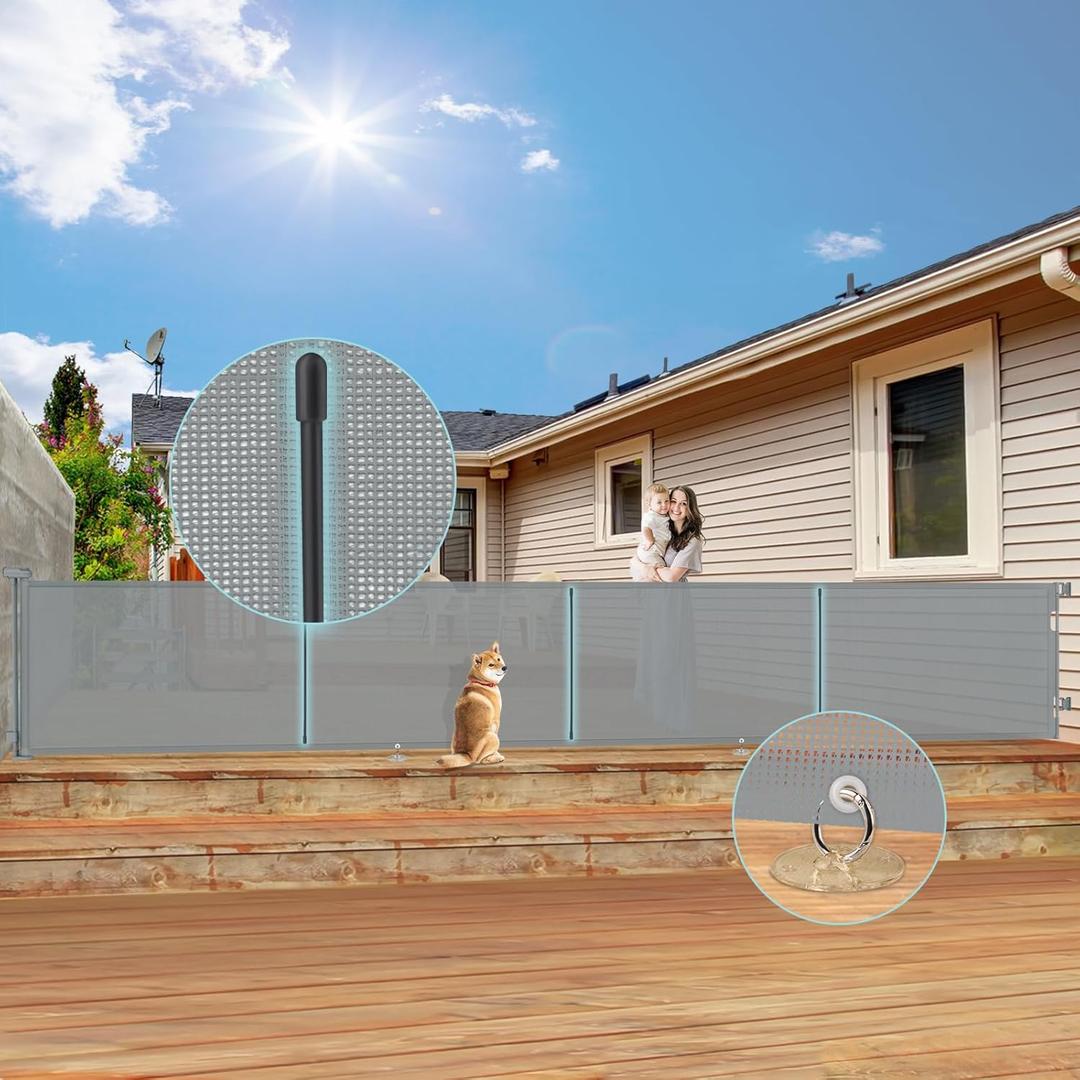 200'' Retractable Baby Gates Extra Wide,34" Tall Retractable Dog Gate for Doorways, Stairs, Hallways, Decks, Garage,16 FT Indoor/Outdoor Grey Retractable Gate with Fiberglass Reinforcement Rods (Gray)