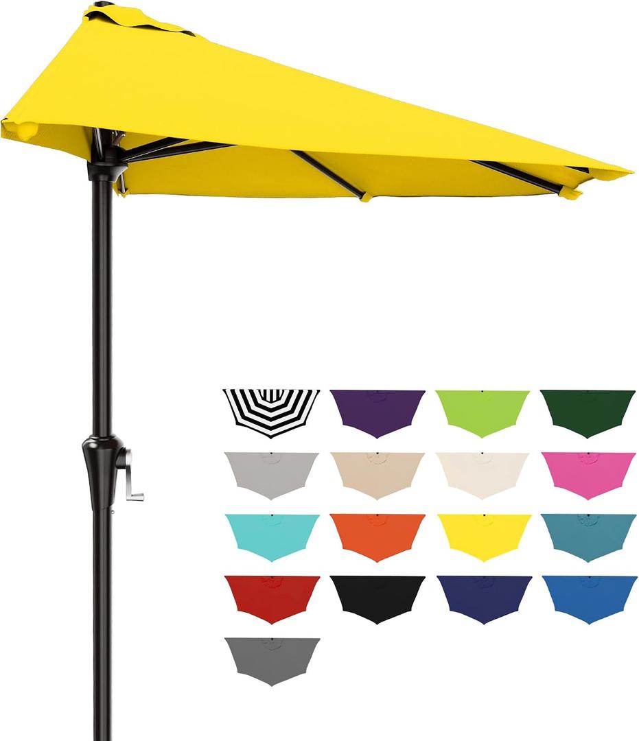 AreShark 9FT Half Patio Umbrella, Outdoor Wall Umbrella with Crank & 5 Sturdy Ribs, Table 1/2 Umbrella Patio for Garden, Deck, Balcony and Pool, Yellow
