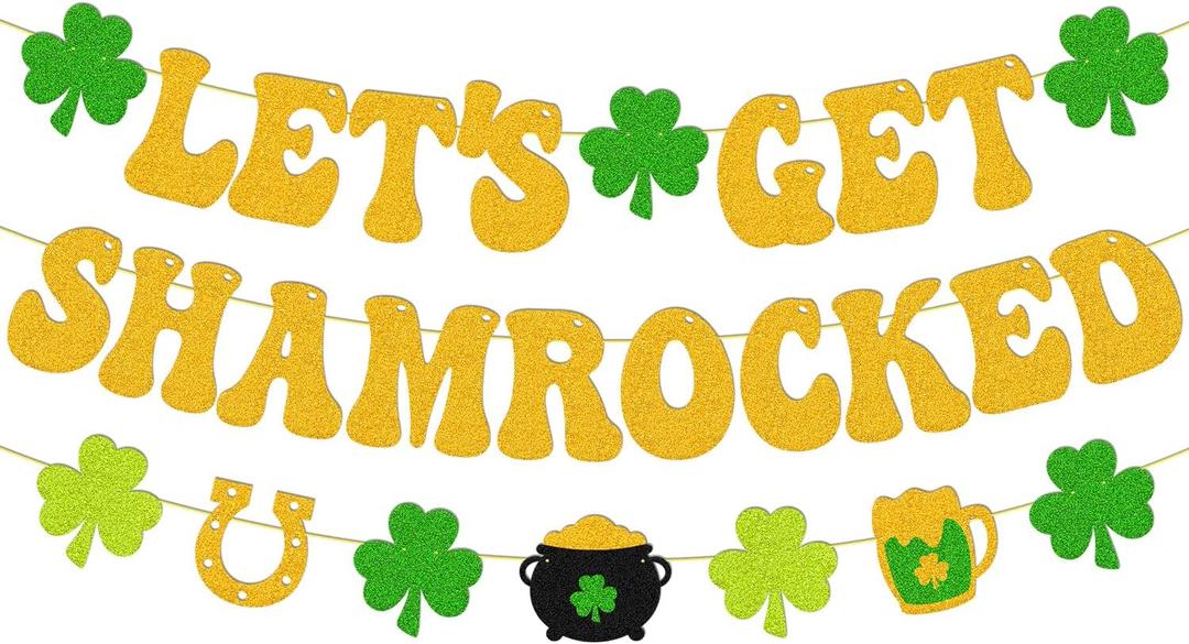 Lets Get Shamrocked Banner Happy St. Patricks Day Banner Shamrock Clover Theme Garland Irish Saint Patrick's Day Decor St. Patricks Day Party Glitter Gold Shamrock Party Decoration
