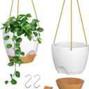 ZMTECH 8 Inch Hanging Planters for Indoor Outdoor Plants, 2 Pack Self Watering Hanging Plant Pots with Drainage Holes and Removable Saucer, Plastic Flower Hanging Pots with Watering Lip (White)