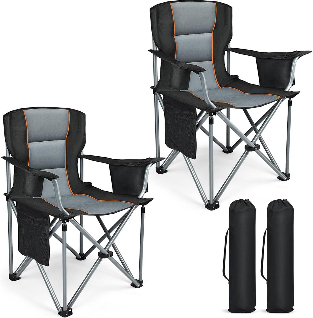 Camping Chairs, 2 Pack Oversized Heavy Duty Fully Padded Outdoor Folding Chairs with Cup Holder, Cooler Bag and Side Pocket, Support 400 LBS, Carry Bag Included, Versatile for Sports,Outdoors & Lawns