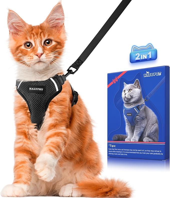 Halypet Cat Harness and Leash Set [ MAX Safety Third Generation ] Escape Proof Soft Adjustable Cat Leash Breathable Comfortable Vest Easy to Wear Kitten Harness for Outdoor Walking (Small (7-12lb), H200 Pro Black)