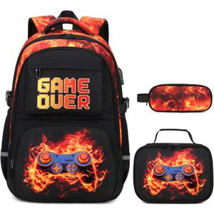 Boys Backpack for School, 3PCS Cool Luminous Backpack for Boys with Lunch Bag Pencil Case, Kids Bookbag Teen Boy Backpacks for Kindergarten Elementary Middle School (Red Flame)