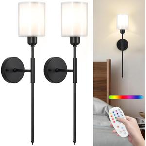 Battery Operated Wall Sconces set of two,Vintage Wireless Wall Light with Clear Glass,Rechargeable Battery wall Sconce with Remote,Dimmable Bathroom Light Fixtures for Living Room Bedroom Hallway.