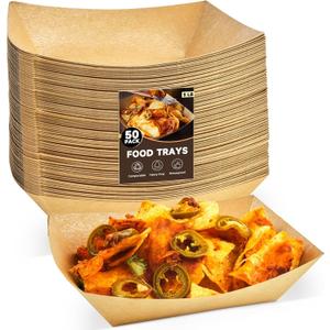 ZORRITA 3 Lb Paper Food Trays - 50 Pack Disposable Nacho Trays, Kraft Paper Food Boats Taco Holders Party Serving Baskets for Hot Dogs Snacks Tacos Fries