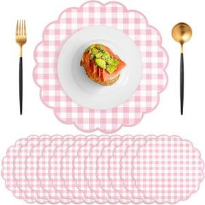 60 Pcs Pink and White Gingham Paper Placemat,13.5 Inch Scalloped Easter Checkered Place Mats Disposable Table Placemats Decorative Paper for Anniversay Baby Shower Wedding Banquet Tea Party