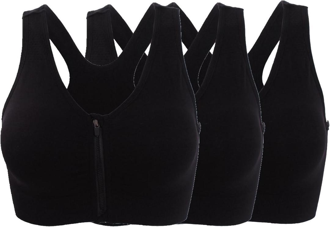 Women's Zipper Front Closure Sports Bra Racerback Yoga Bras (X-Large, 3 Pack Black)