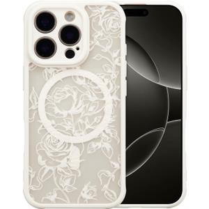 XIZYO Magnetic Case for iPhone 16 Pro Max, Floral Flower Cute Aesthetic Case [Compatible with Magsafe] for Women Girls Rose Pattern Slim TPU Bumper Shockproof Protective Cover, Branch Rose/White