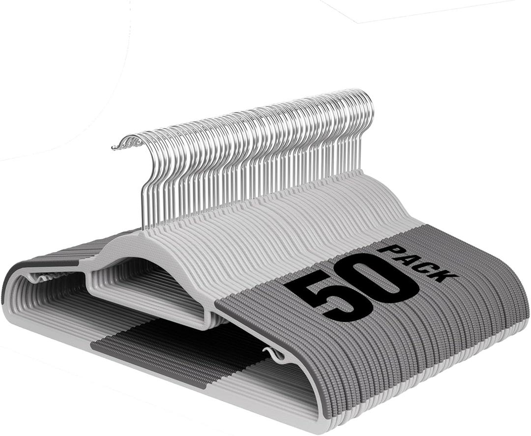 Plastic Hangers 50 Pack, 16.5 in Heavy Duty Clothes Hangers with 360 Swivel Hook, Non-Slip Bar & 0.2" Ultra-Slim Space-Saving Organizers for Coats, Pants, Suits, Shirts, Light and Dark Gray