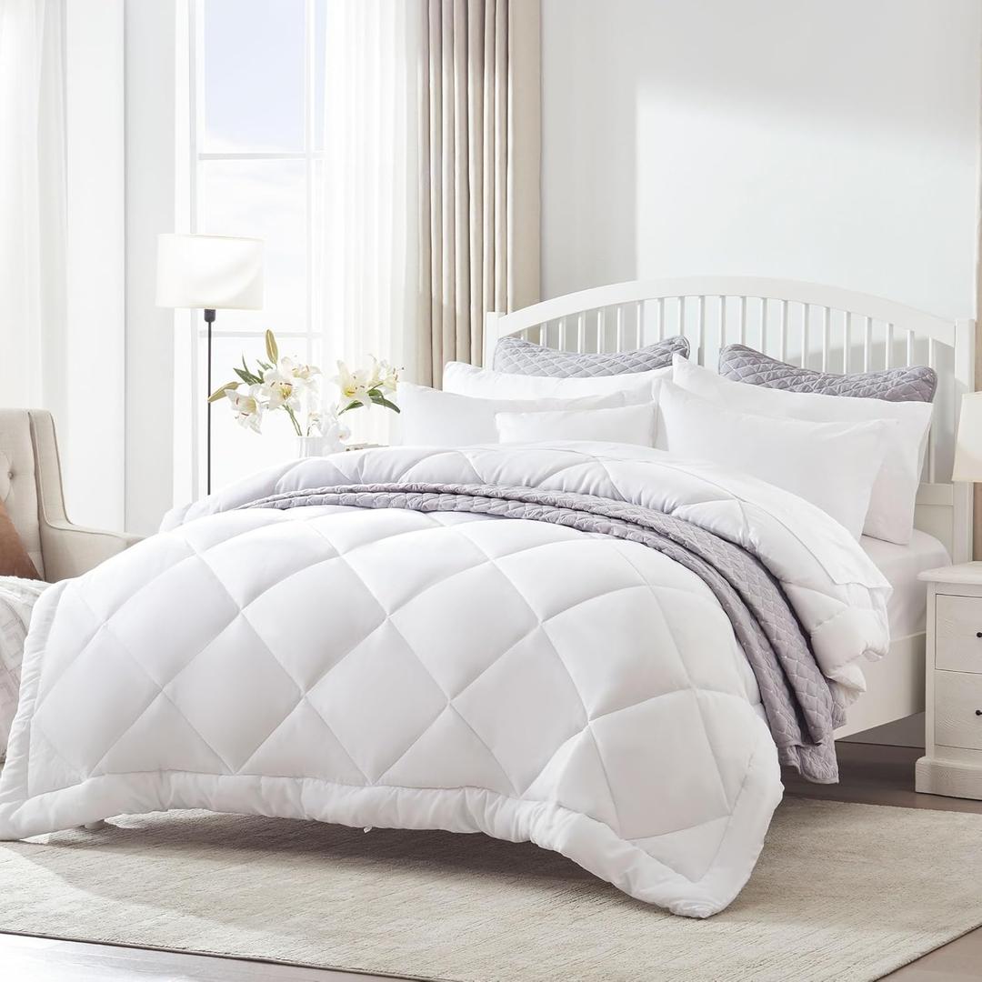 SLEEP ZONE Queen Comforter Duvet Insert, Down Alternative Reversible Comforter, Lightweight, Soft and Breathable Bedding All Season, Diamond Quilting White