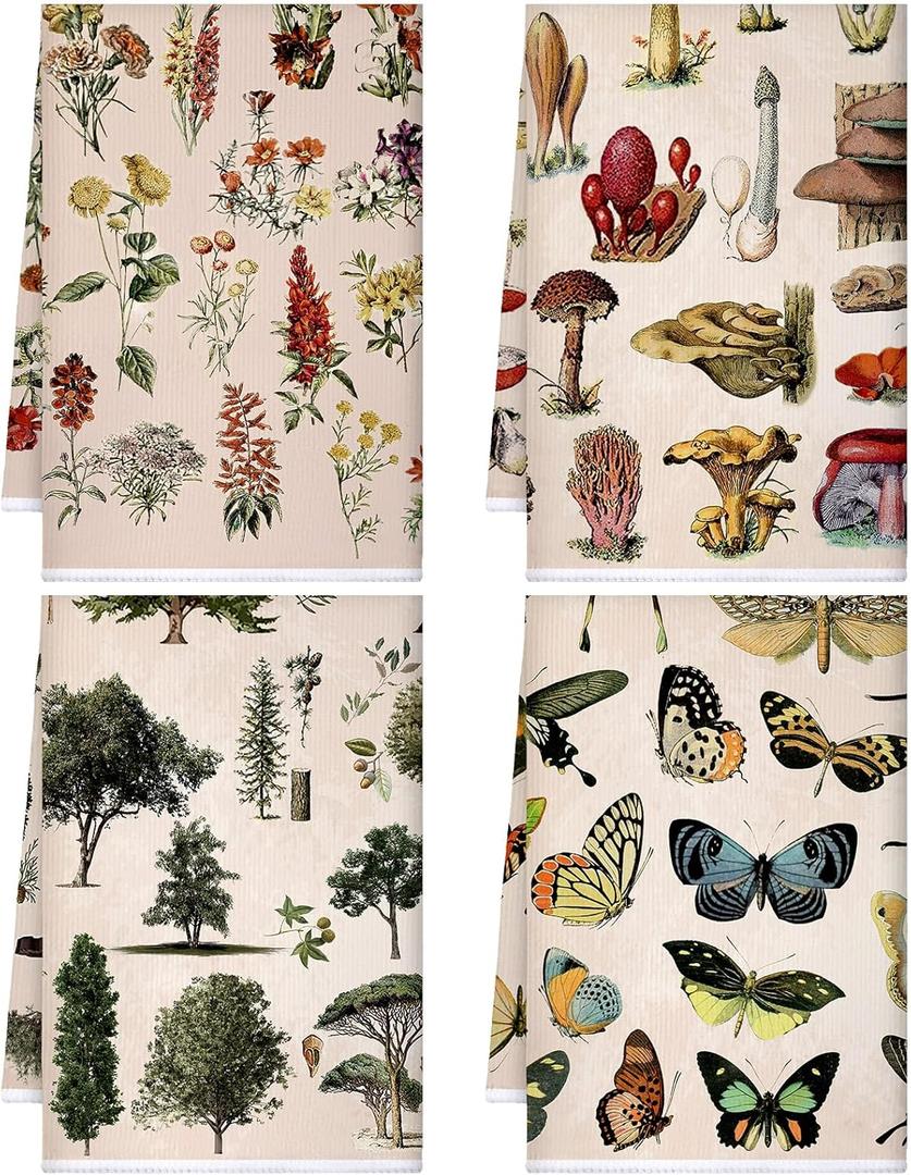 Kajaia 4 Pcs Mushroom Kitchen Towels Vintage Cottage Core Towels Butterfly Plants Wildflower Cottagecore Decor Tea Hand Absorbent Dishcloths 16 x 24 Inch for Home Bathroom Housewarming Gift(Mushroom)