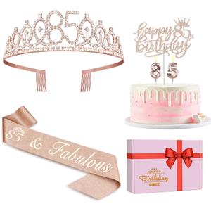 85th Birthday Party Decorations Including Sash, Crown, Numeral Candles and Cake Topper, Rose Gold 85th Birthday Decorations for Women