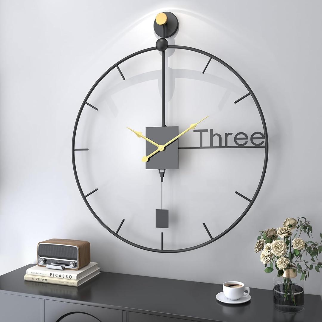 36 inch Wall Clock Extra Large Wall Clocks with Pendulum, Battery Operated Silent Non-Ticking Modern Metal Clock for Living Room Decor, Decorative Hanging Clock for Bedroom, Office, Kitchen, Home