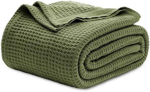 Bedsure 100% Cotton Blanket King Size for Bed - Breathable and Soft, Waffle Weave Blanket for Summer Spring, Olive Green, 104x90 inches