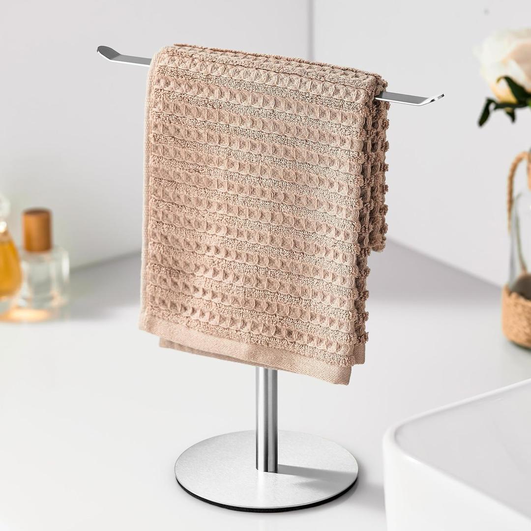 Silver Hand Towel Holder Stand Countertop T-Shaped Stainless Steel Towel Rack with Non-Slip Base for Vanity and Kitchen