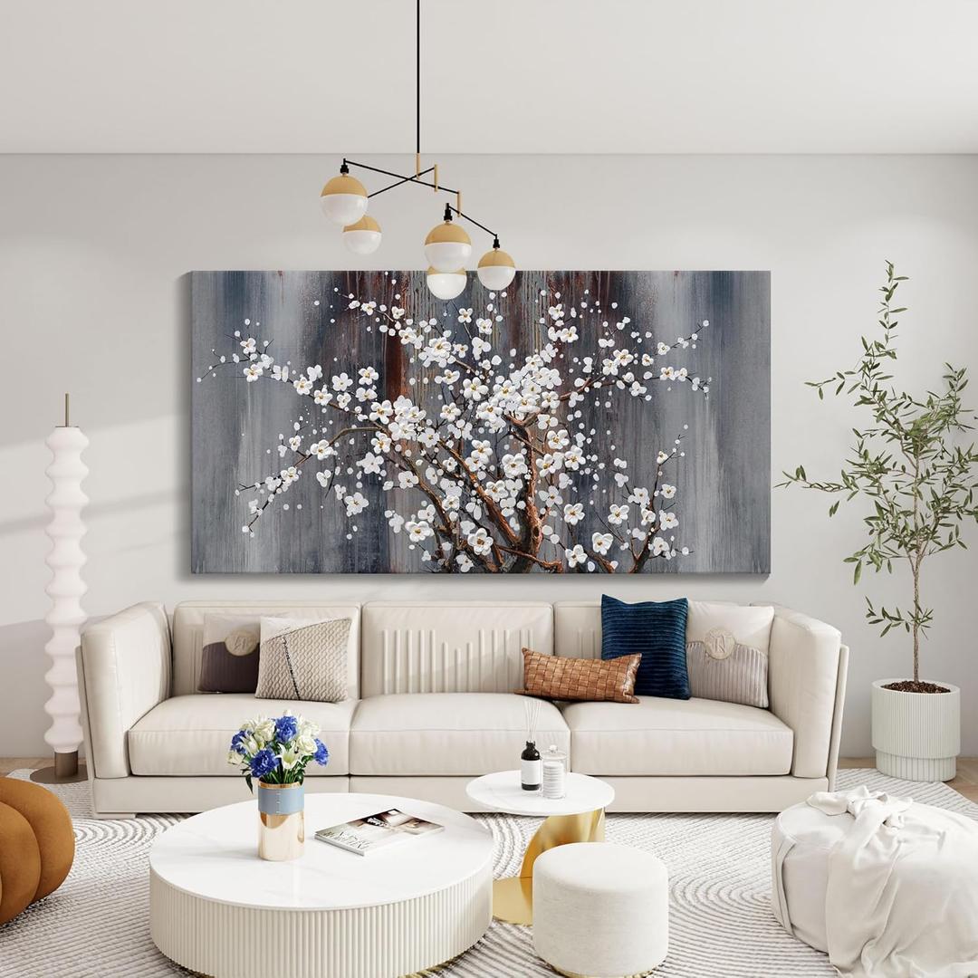 AJAZIKO Wall Art for Living Room Large Modern Wall Decor Canvas Paintings for Wall Decorations White Flower Brown Bedroom Office Artwork Plum Blossom Art Prints Framed (40"L x 20"W, Gray)
