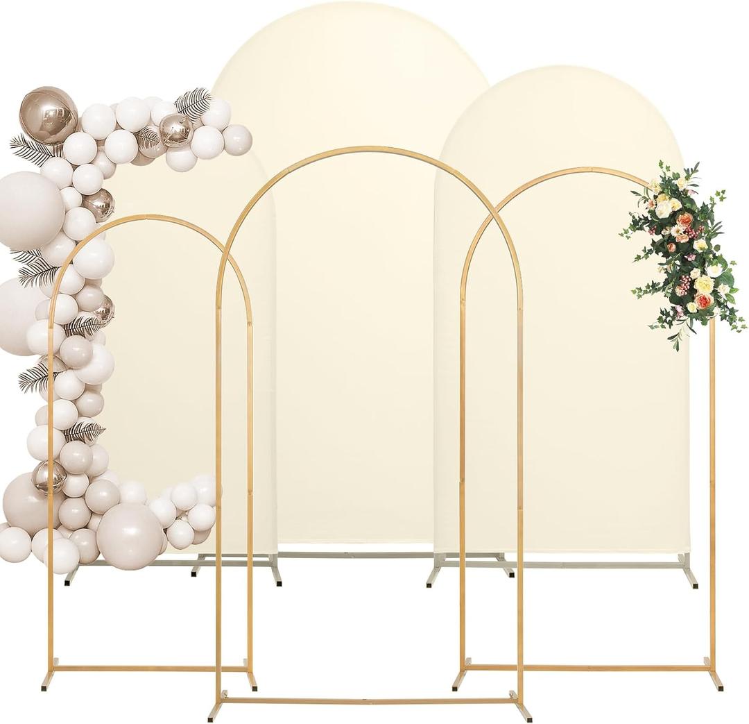 Toolterritary Metal Arch Backdrop Stand and Cover Set, 7.2FT, 6.6FT, 6FT Wedding Arch Frame, Easy to Assemble, Gold Arch Stand for Birthday, Party, Baby Shower, Graduation Ceremony, Beige