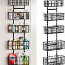 Hongtamoya Adjustable Over the Door Organizer, Metal Hanging Door Organizer with 5 Wire Basket 7 Hooks, Wall Mounted Shelf for Pantry Laundry Organization and Storage, Black