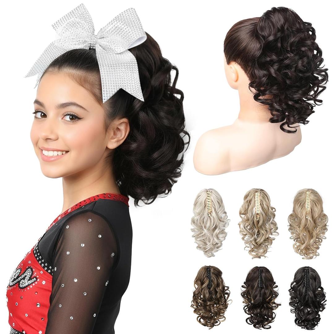 REECHO 12" Ponytail Extension, Classic Loose Curly Wavy Claw Clip Pony tails Hair Extensions Hairpieces for Women - Dark Brown
