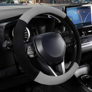 SEG Direct Steering Wheel Cover for Car, Standard Size 14.5-15 inch, Auto Interior Accessories, Warm Plush, Summer Winter, Black and Gray