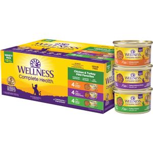Wellness Complete Health Pate Adult Wet Cat Food, Natural, Protein-Rich, Grain Free, 3 Ounce, 12 Pack, (Chicken & Turkey Favorites Variety Pack)