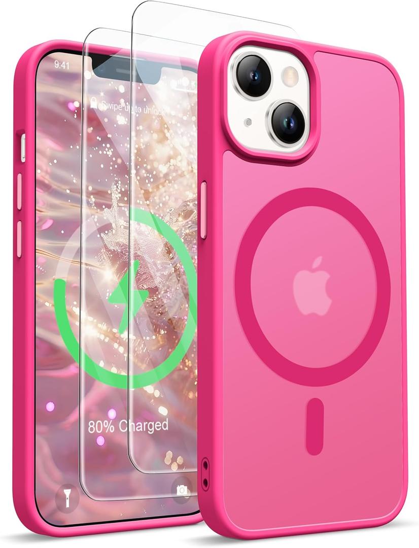 ORETECH Magnetic for iPhone 13 Case, [Compatible with Mag-Safe][2 Pcs Screen Protectors][15 FT Drop Protection], Frosted Translucent Shockproof Protective Phone Case for iPhone 13 Cover, Hot Pink