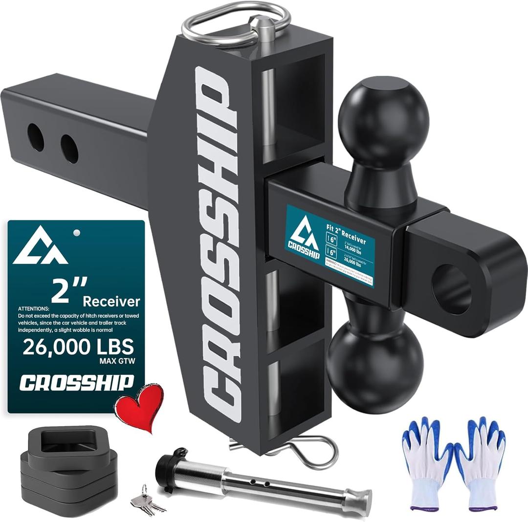 Adjustable Drawbar Trailer Hitch, Fits 2-Inch Receiver, 6-Inch Drop/Rise Drop Hitch,Solid 2" & 2-5/16" Balls Mount, 26,000 LBS GTW Towing for Heavy Duty Trucks, Anti-Theft Pin Locks