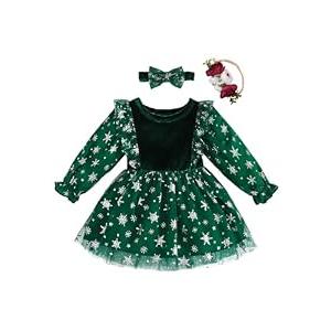 Renotemy Baby Girls Dress 3-6 Months Infant Flower Girl Dresses Winter Newborn Outfits Solid Green Ruffle Velvet Long Sleeve Tutu Dress Wedding Party Birthday Dresses 3 Month Baby Clothes for Girl