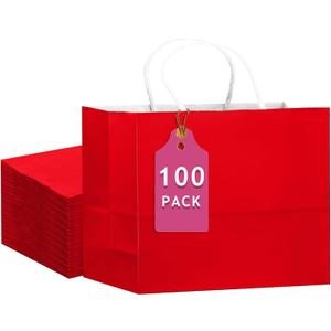 qiqee 100PCS Large Gift Bag with Handles Bulk 13"x4.5"x10" Gift Bags Red Multiple Uses (32x11x25cm,Wide Large)