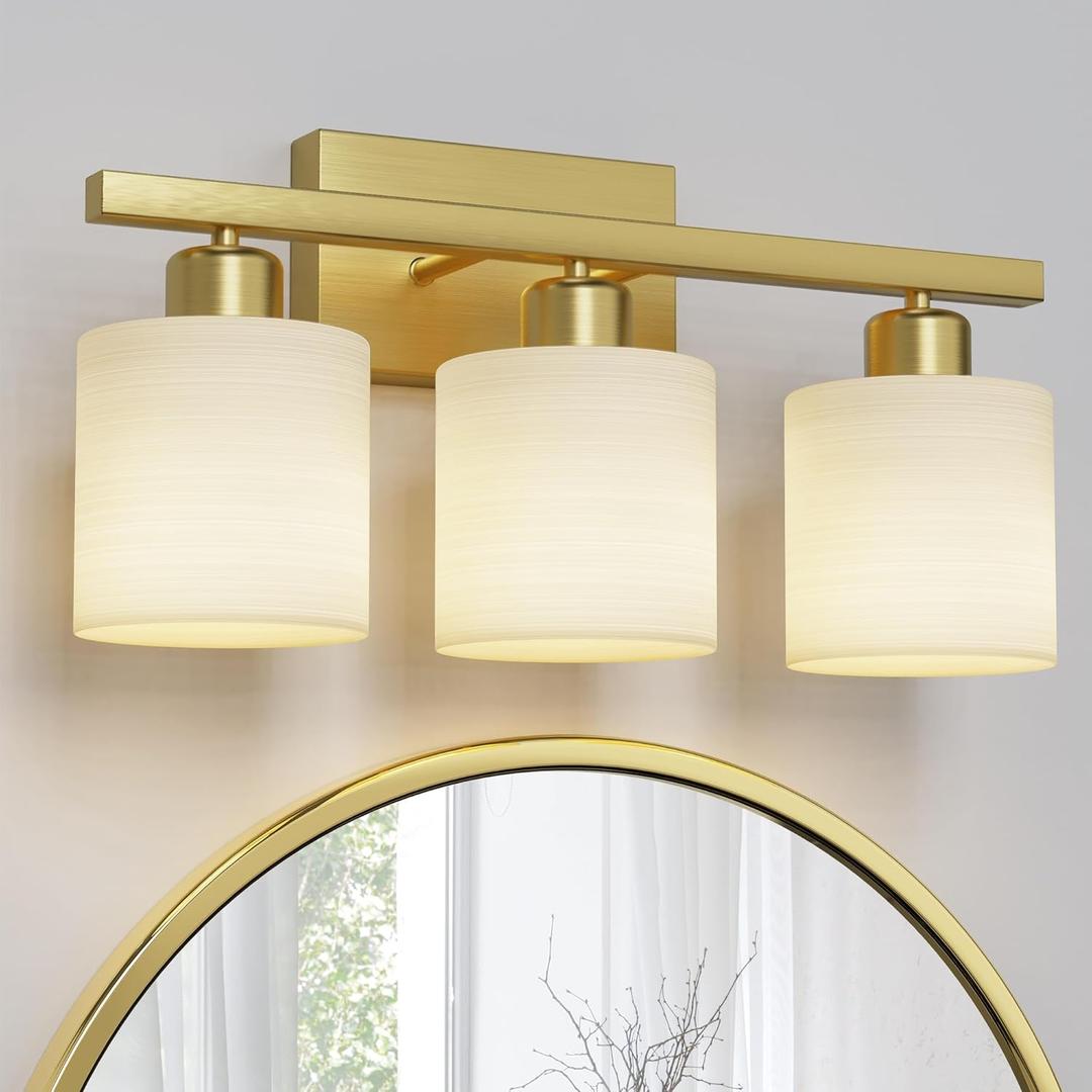 PARTPHONER Classic Vanity Lights, Modern Bathroom Vanity Light with Textured White Glass Shade, Brushed Gold, 3-Light