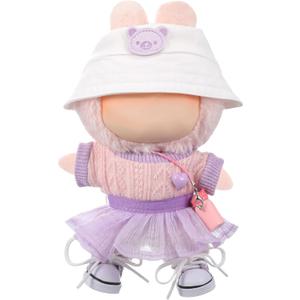 5 Pcs Stylish Set for 17cm Dolls with Fashion Hat ,Water Bottle,Skirt,Shoes and Sweater Outfit Set, Cute Doll Style Accessories Gift(Kawaii,Purple)