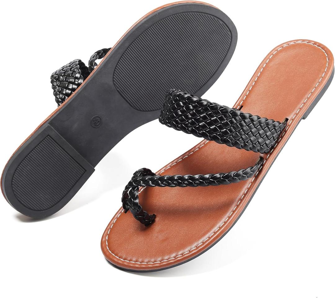 Women's Flat Sandals Casual Summer Sandals Dress Fashion Round Open Flip Flop Thong Sandals Braided Black Size 8