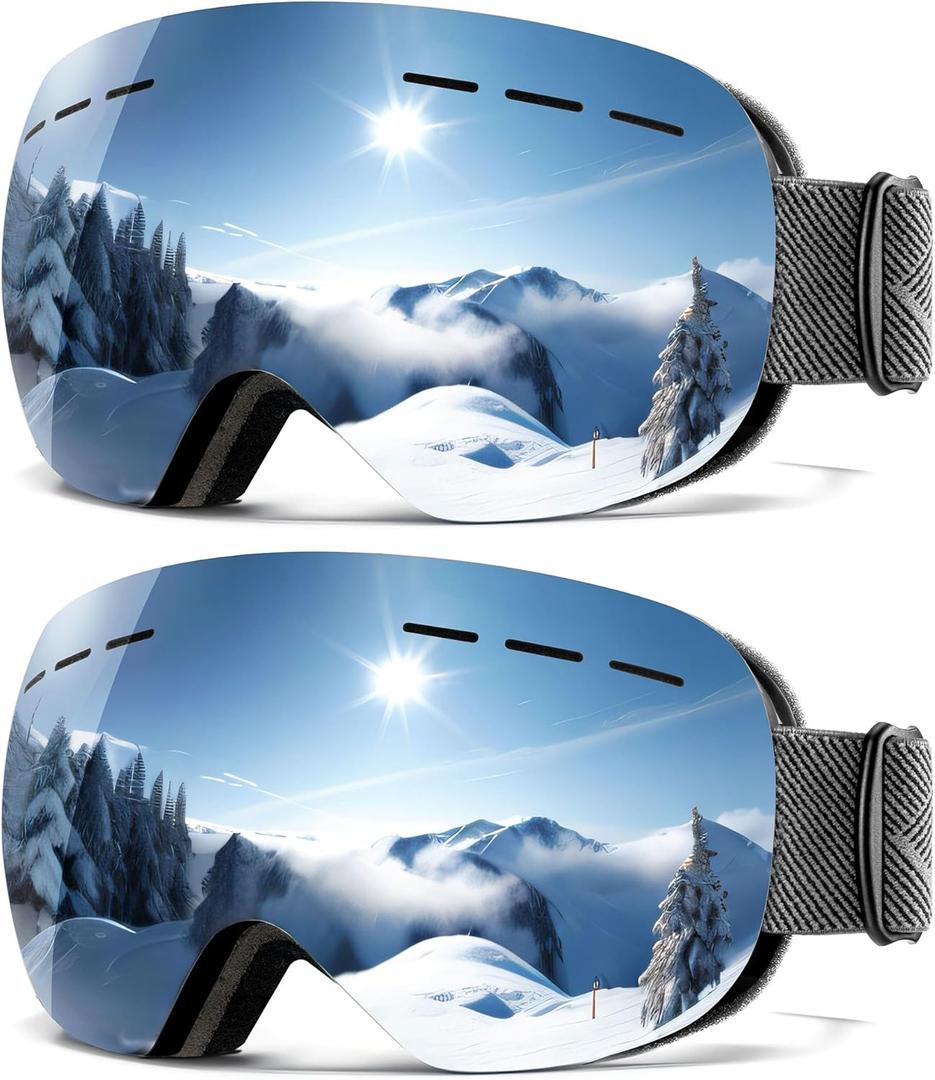 2Pack Ski Goggles for Men Women Snow Goggles Anti fog Snowboard Goggles with 100% UV Protection (B07 Black Frame Argent Lens/Black Frame Argent Lens)