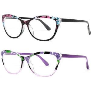 2 Pairs Cat-eye Bifocal Reading Glasses Women With Spring Hinge, Designer Floral Printed Frame Readers 1.75X (1 Purple Flower Pattern & 1 Black Flower Pattern)