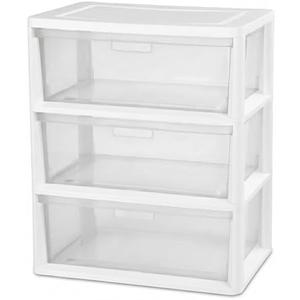 3 Drawer Storage Tower, Wide Plastic Floor Organizer with Clear Bins, White | Transparent plastic drawers, complete three-sided visibility, quick craft and office file sorting, sleek bedroom organizer