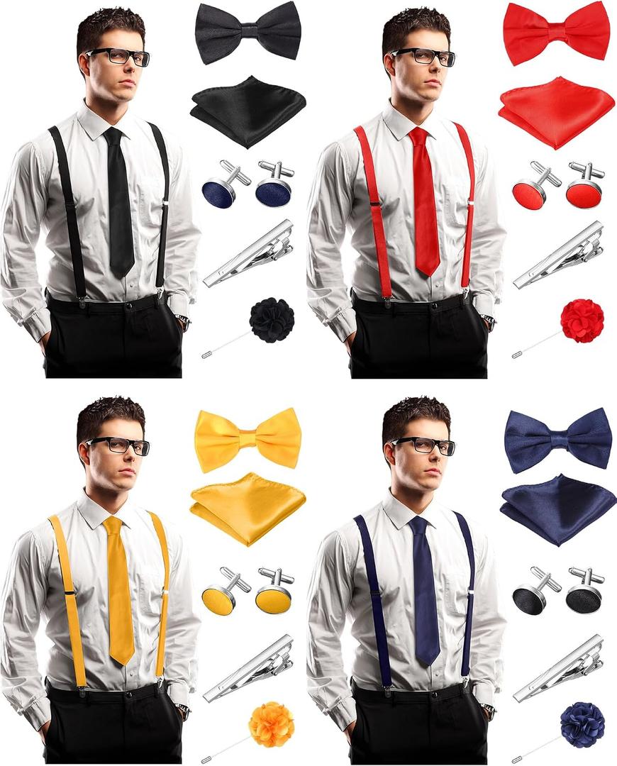 Chicingyou 28 Pcs Men Necktie Set Men Wedding Suit Accessories with Suspenders Bow Tie Handkerchief Cufflink Pin 4 Colors for Party