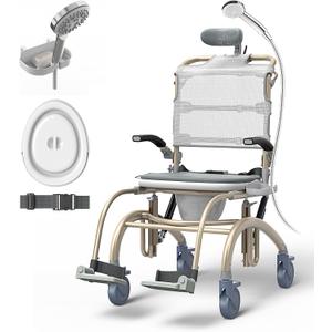 Vocic Reclining Rolling Shower Chair with Wheels for Elderly and Disabled | 300 lbs Capacity | Height Adjustable | Padded Seat, Bucket with Lid | Filp Up Arm | Safety Belt | Reclines for Easy Hair Wash