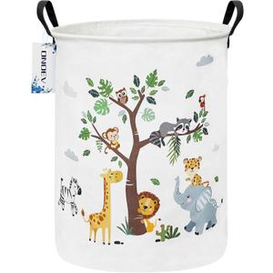 Round Animal Laundry Basket,Collapsible Laundry Hamper for Nursery,Cute Jungle Animal Toy Storage Bin for Kids,Waterproof Storage Basket for Home,Bedroom,Playroom,New Parent Gift (Tree Animals)