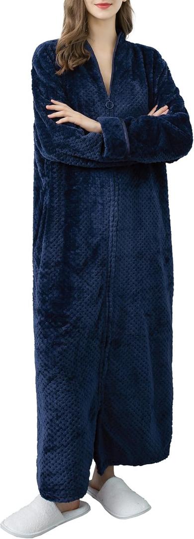 Locachy Women's Flannel Zip Warm Robe Cozy Fluffy Long Bathrobe Housecoats Nightgown Sleepwear (Navy), Small